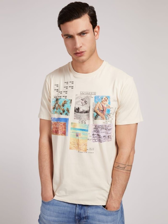 Camiseta Guess Printed Front Hombre Creme | SE-101849