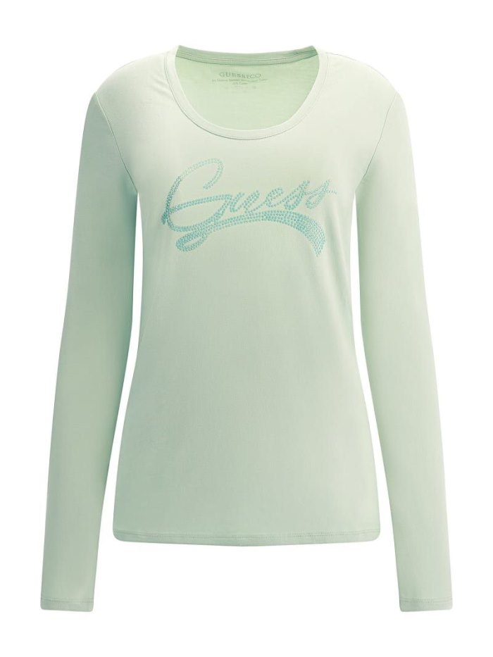 Camiseta Guess Rhinestones Front Logo Mujer Verdes | SE-865504