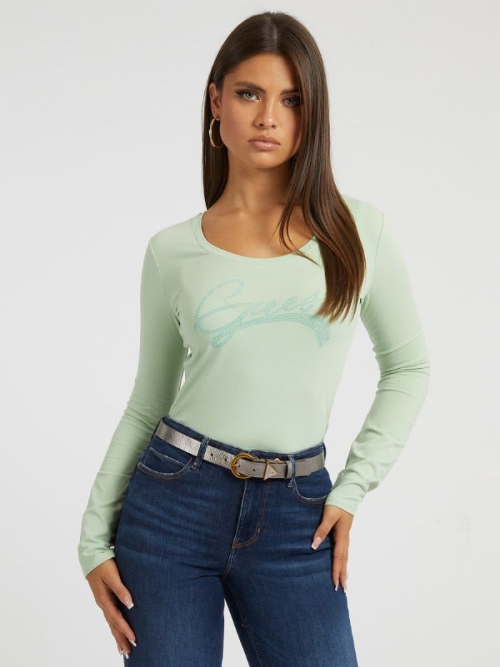 Camiseta Guess Rhinestones Front Logo Mujer Verdes | SE-865504