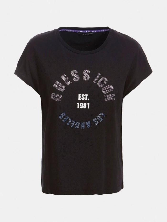 Camiseta Guess Rhinestones Front Logo Mujer Negros | SE-563897