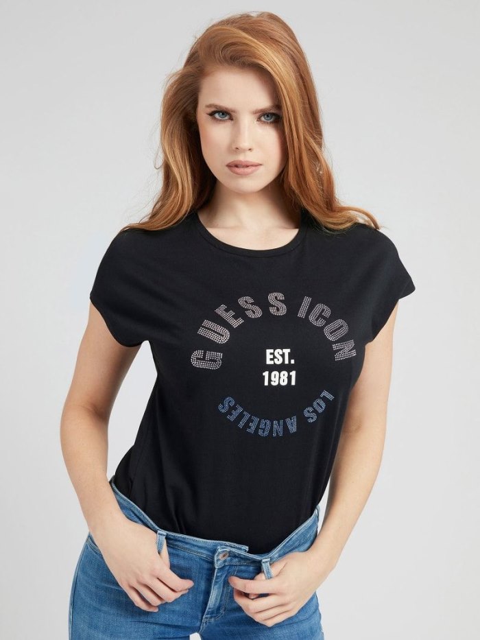 Camiseta Guess Rhinestones Front Logo Mujer Negros | SE-563897