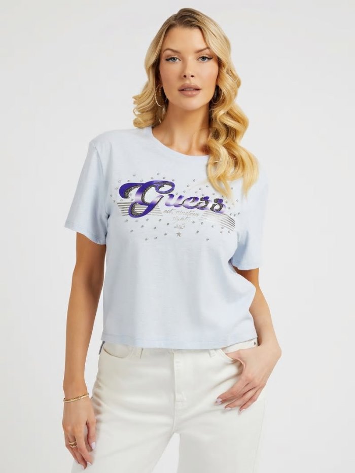 Camiseta Guess Rhinestones Logo Mujer Azules Claro | SE-269791