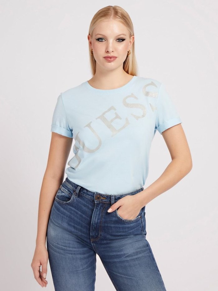 Camiseta Guess Rhinestones Logo Mujer Azules Claro | SE-911399