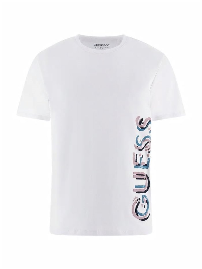 Camiseta Guess Side Vertical Logo Print Hombre Blancos | SE-583353