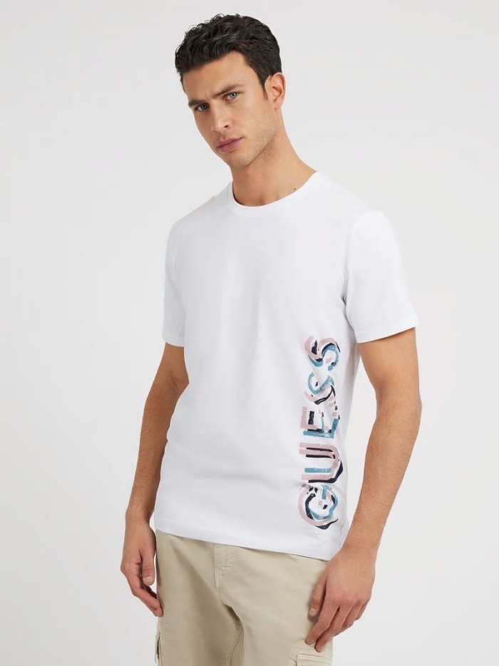 Camiseta Guess Side Vertical Logo Print Hombre Blancos | SE-583353