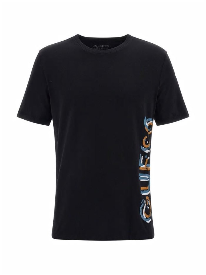 Camiseta Guess Side Vertical Logo Print Hombre Negros | SE-896276