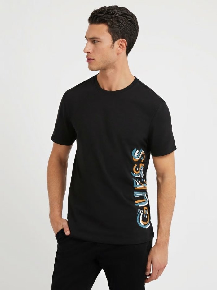 Camiseta Guess Side Vertical Logo Print Hombre Negros | SE-896276