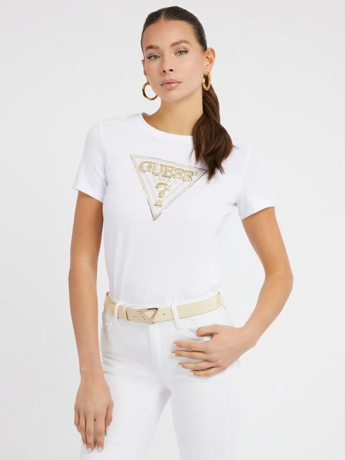 Camiseta Guess Triangle Logo Mujer Blancos | SE-078481