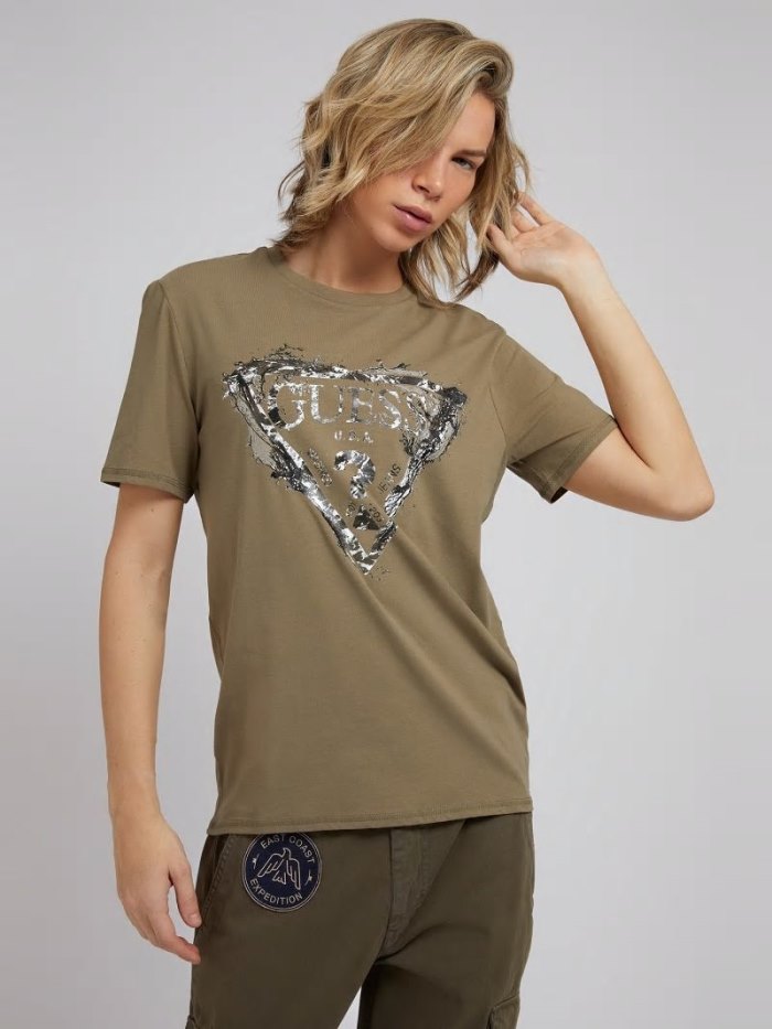 Camiseta Guess Triangle Logo Print Hombre Verdes | SE-079636