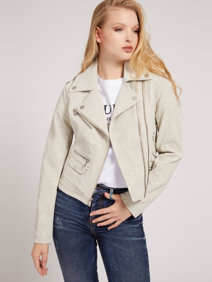 Chamarras Guess Biker Jacket Pockets Mujer Beige | SE-247857