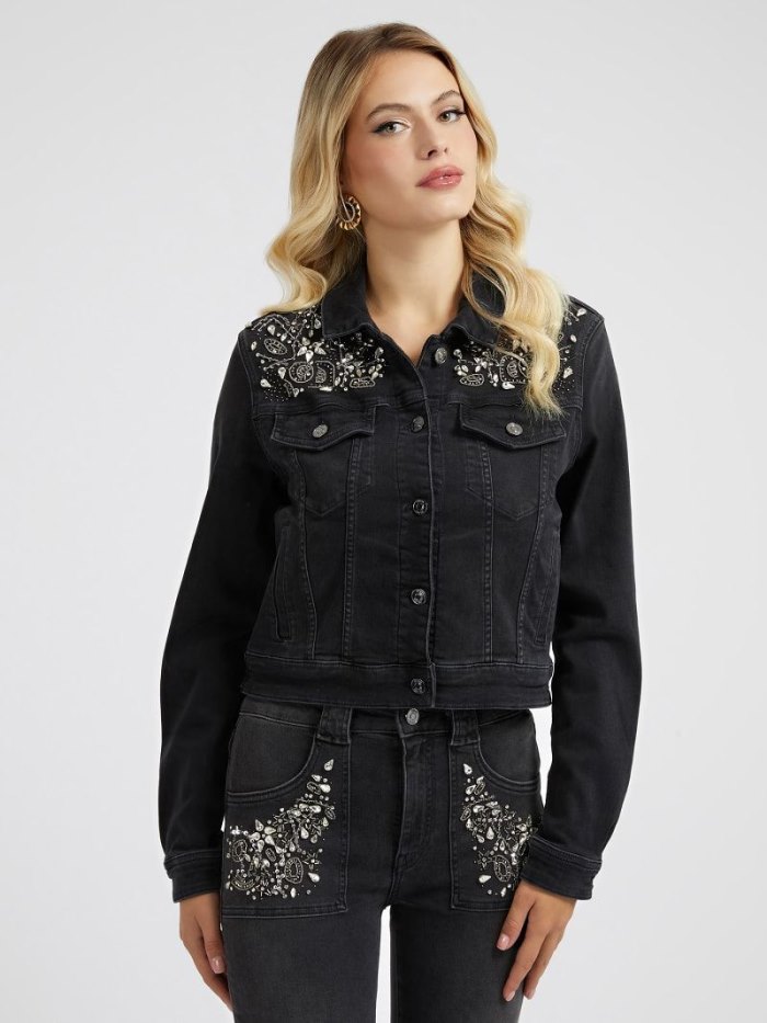 Chaquetas De Mezclilla Guess Rhinestones Mujer Negros | SE-372826