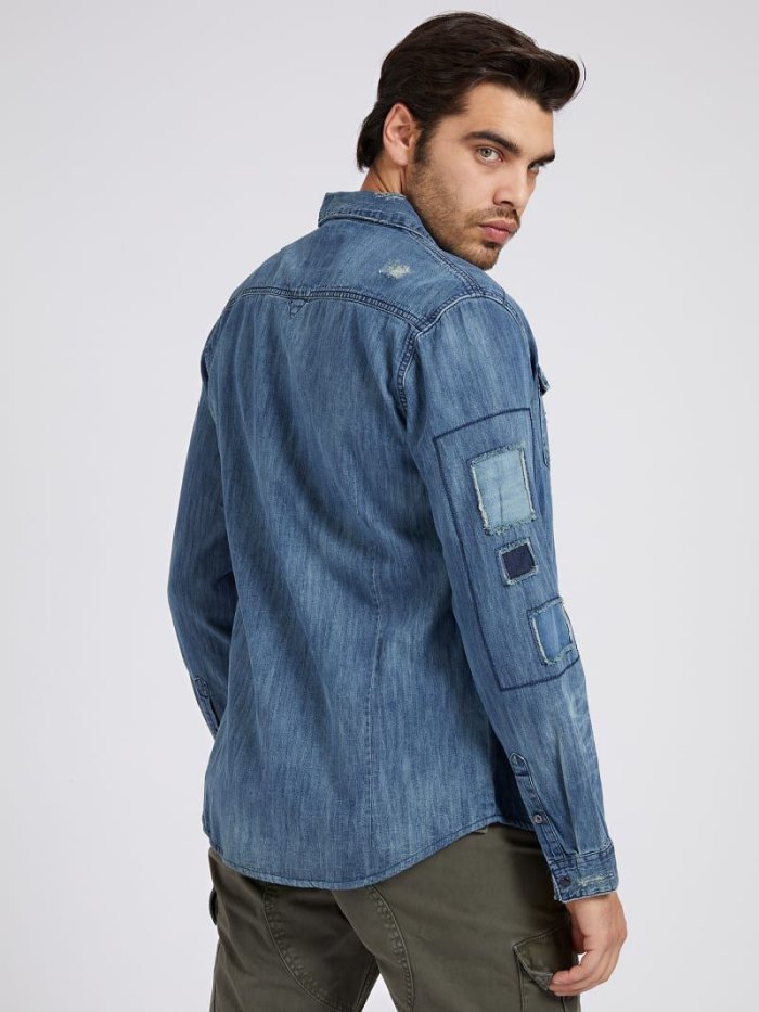 Denim Shirts Guess Abrasions Slim Fit Hombre Azules | SE-855117