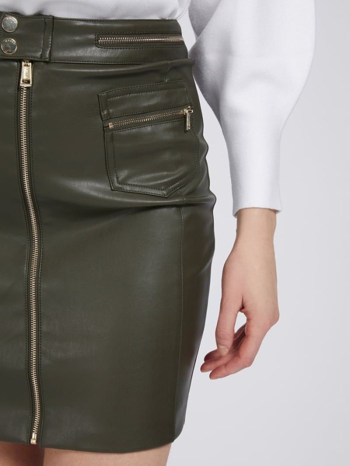 Falda Guess Faux Leather Mini Skirt Zips Mujer Verdes | SE-886717