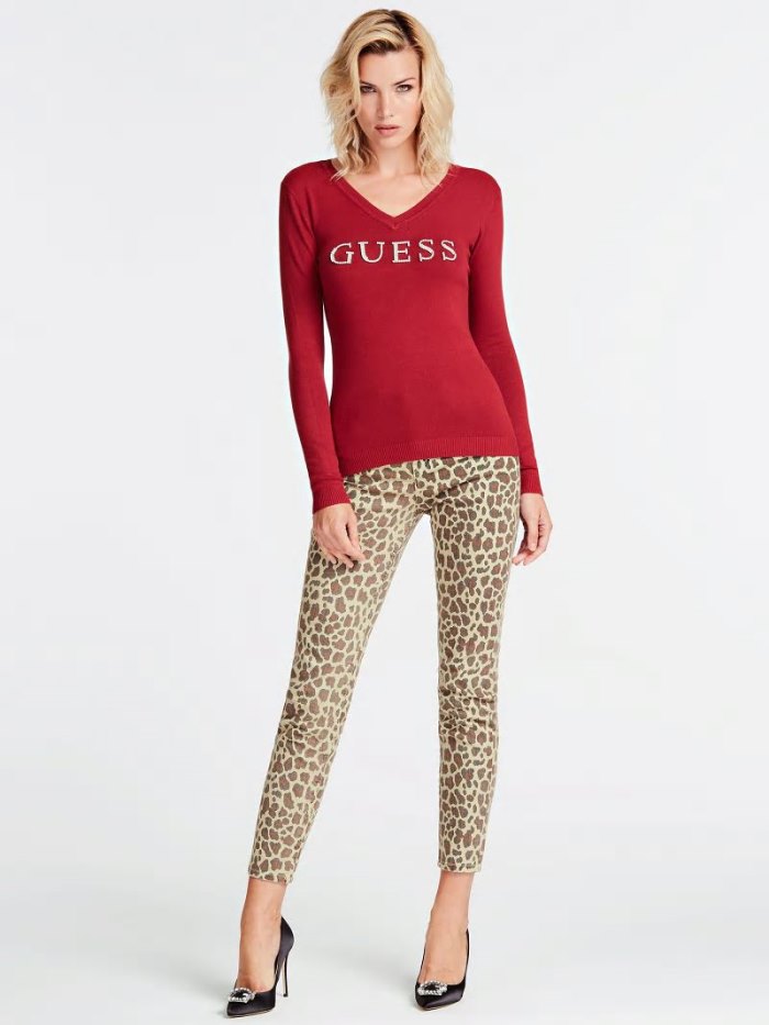 Jerséis Guess Rhinestone Logo Front Mujer Rojos | SE-067312