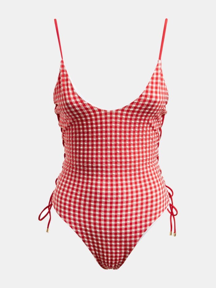 One Piece Swimsuits Guess Lace Up Vichy Print Mujer Rojos | SE-895904