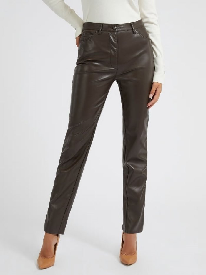 Pantalones Guess Faux Leather Straight Mujer Marrom | SE-943206