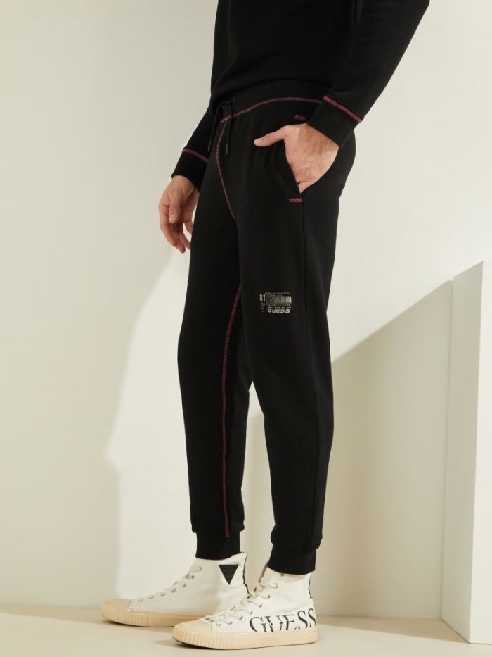 Pantalones Guess Rib Fleece Logo Hombre Negros | SE-175729