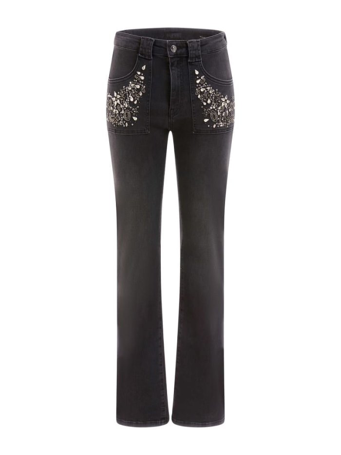 Ropa Guess Bootcut Denim Pant Rhinestones Mujer Negros | SE-315843