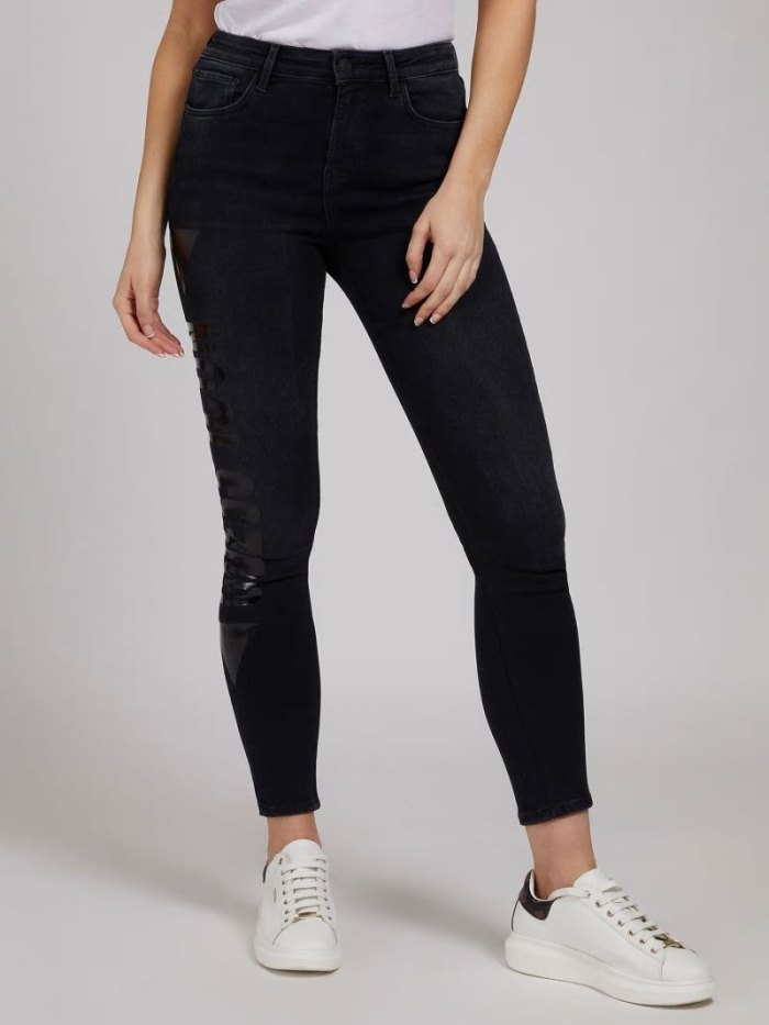 Ropa Guess Foil Print Skinny Fit Mujer Negros | SE-089839