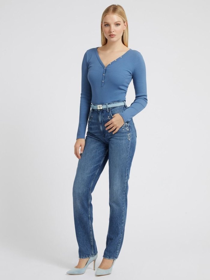 Ropa Guess Mom Fit Sequins Mujer Azules | SE-315990