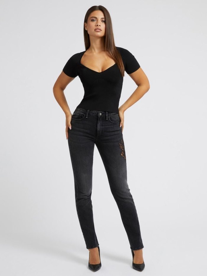 Ropa Guess Relaxed Fit Denim Pant Embroidery Mujer Negros | SE-659270