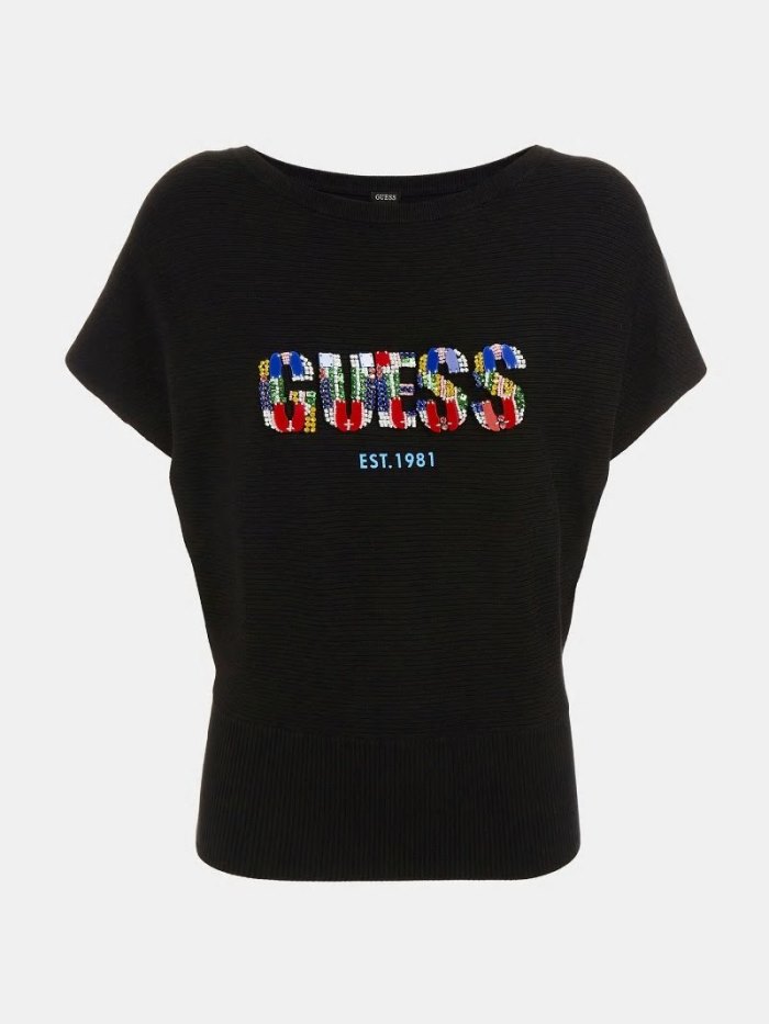 Suéteres Guess Embroidery Front Logo Mujer Negros | SE-826476