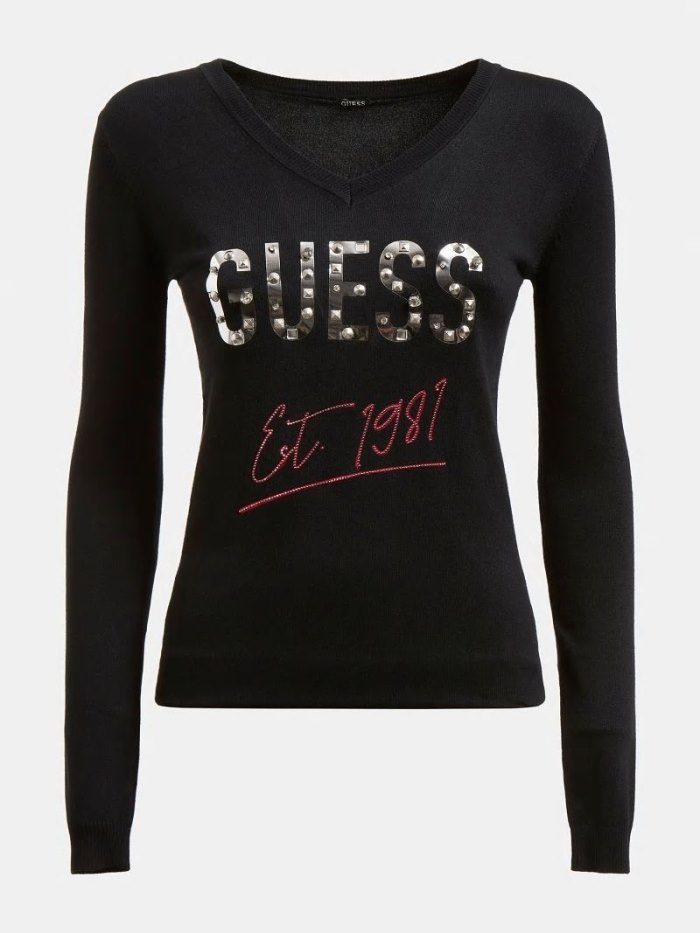 Suéteres Guess Logo V Neck Mujer Negros | SE-468267