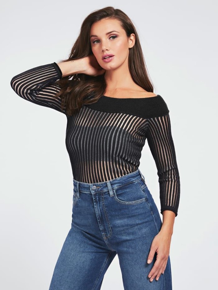 Suéteres Guess Off Shoulder Cotton Blend Mujer Negros | SE-580983