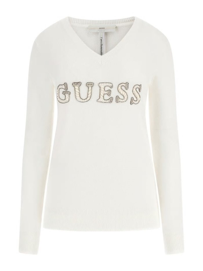 Suéteres Guess Rhinestones Front Logo Mujer Blancos | SE-439179