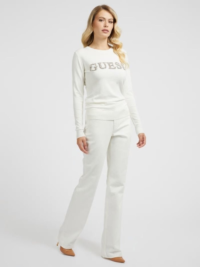 Suéteres Guess Rhinestones Front Logo Mujer Blancos | SE-376098