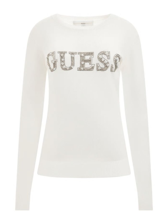 Suéteres Guess Rhinestones Front Logo Mujer Blancos | SE-376098