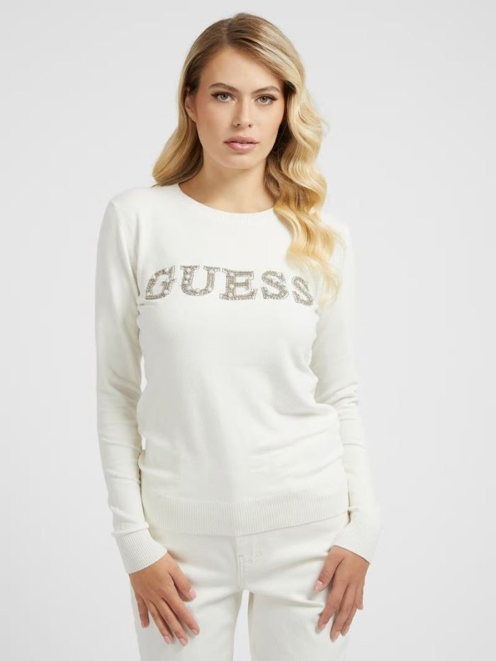 Suéteres Guess Rhinestones Front Logo Mujer Blancos | SE-376098