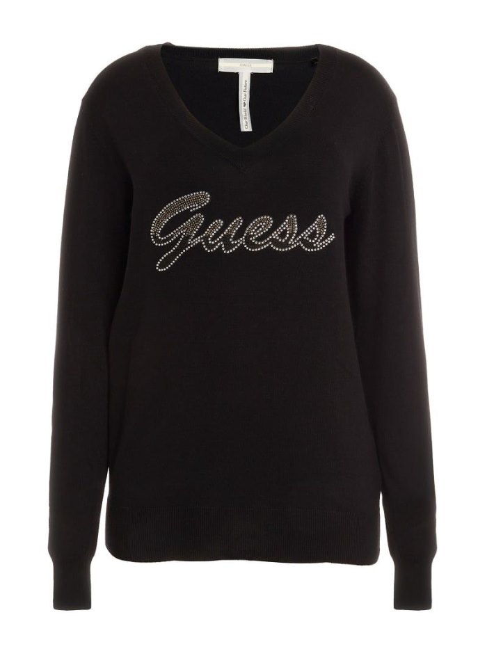 Suéteres Guess Rhinestones Front Logo Mujer Negros | SE-009643