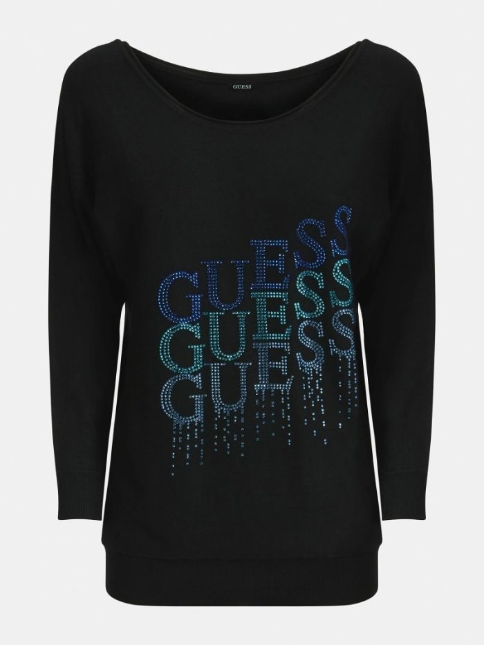 Suéteres Guess Rhinestones Logo Mujer Negros | SE-565501