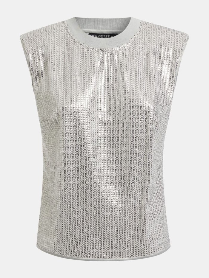 Tank Top Guess Rib Collar Sequins Tank Top Mujer Plateados | SE-205295