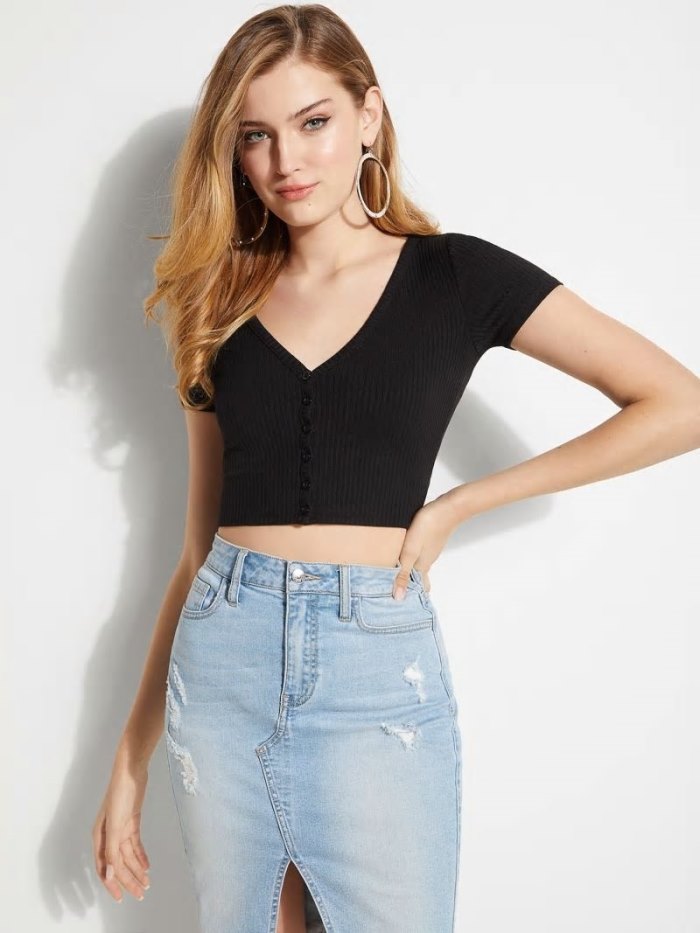 Tops Guess Button-through Crop Mujer Negros | SE-470141