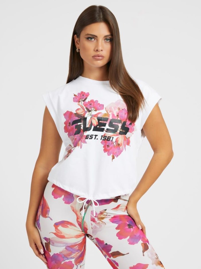 Tops Guess Front Floral Logo Crop Mujer Blancos | SE-244356