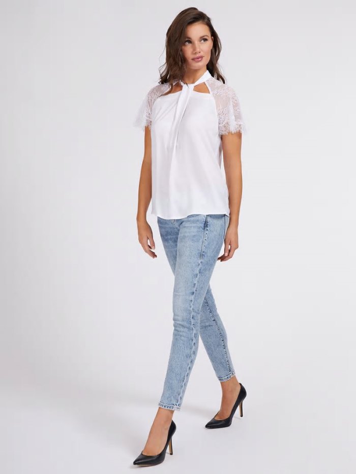 Tops Guess Lace Insert Satin Mujer Blancos | SE-341379