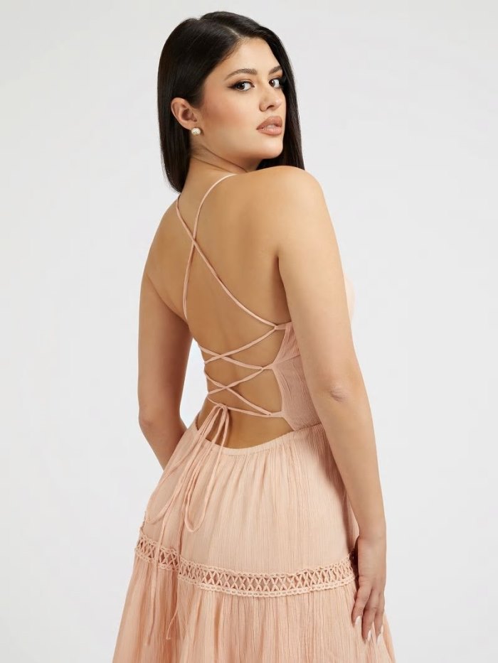 Vestido Guess Lace Up Long Mujer Rosas | SE-518481