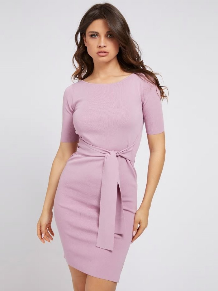 Vestido Guess Rib Belted Mujer Rosas | SE-879562